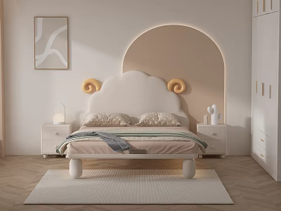Modern Cozy Kids Bed with Curved Headboard Yellow Accents Bedside Tables Abstract Painting Rug 3d model