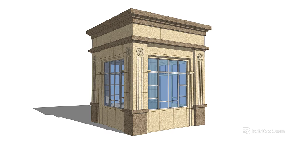 Classical Guard Booth With Stone Exterior Decorative Columns And Glass Windows 3d model 