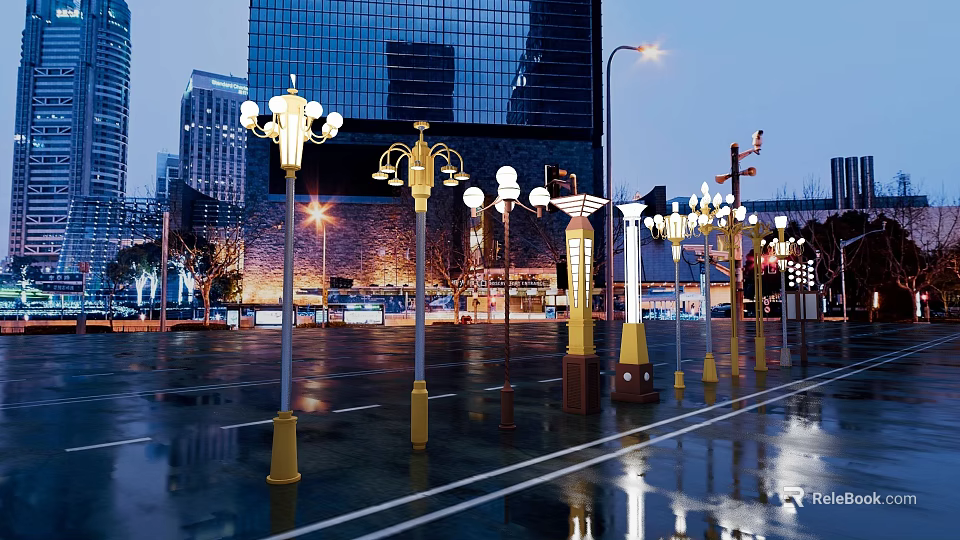 Urban Road Facilities With Modern Street Lamps And Wet Road Surface At Night 3d model 