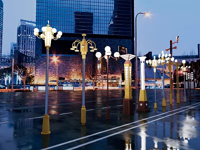 Urban Road Facilities With Modern Street Lamps And Wet Road Surface At Night 3d model