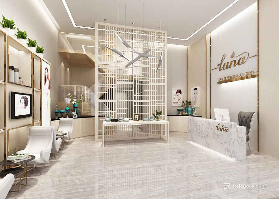 Elegant Modern Beauty Salon Interior With Reception Counter Comfortable Seats And Green Plants 3d model 