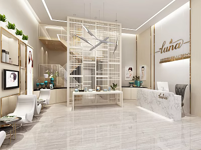 Elegant Modern Beauty Salon Interior With Reception Counter Comfortable Seats And Green Plants 3d model