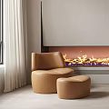 Tan Single Sofa With Ottoman And Mint Green Single Sofa Beside Modern Fireplace With Flames