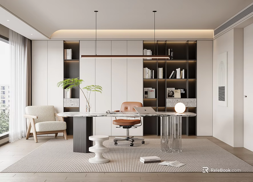 Modern Study Room Interior Design With Built in Bookshelves Leather Chair And Pendant Lights 3d model 