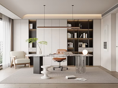 Modern Study Room Interior Design With Built in Bookshelves Leather Chair And Pendant Lights 3d model