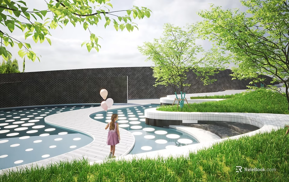 Park Landscape Featuring Girl Walking On Circular Patterned Ground With Green Trees And Lawn Grass 3d model 