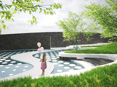 Park Landscape Featuring Girl Walking On Circular Patterned Ground With Green Trees And Lawn Grass 3d model