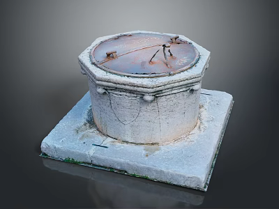Old Rusty Manhole Cover On Mossy Square Stone Base With Cracked Edges 3d model