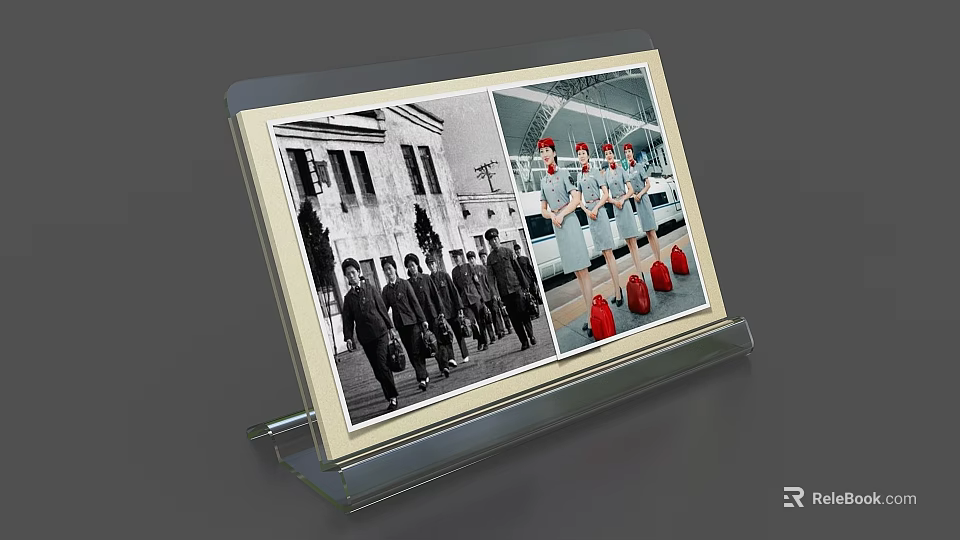 Transparent Display Stand With Black White Photo Building Group And Color Photo Women Uniforms Red Shoes 3d model 