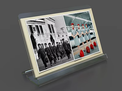 Transparent Display Stand With Black White Photo Building Group And Color Photo Women Uniforms Red Shoes 3d model