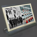 Transparent Display Stand With Black White Photo Building Group And Color Photo Women Uniforms Red Shoes