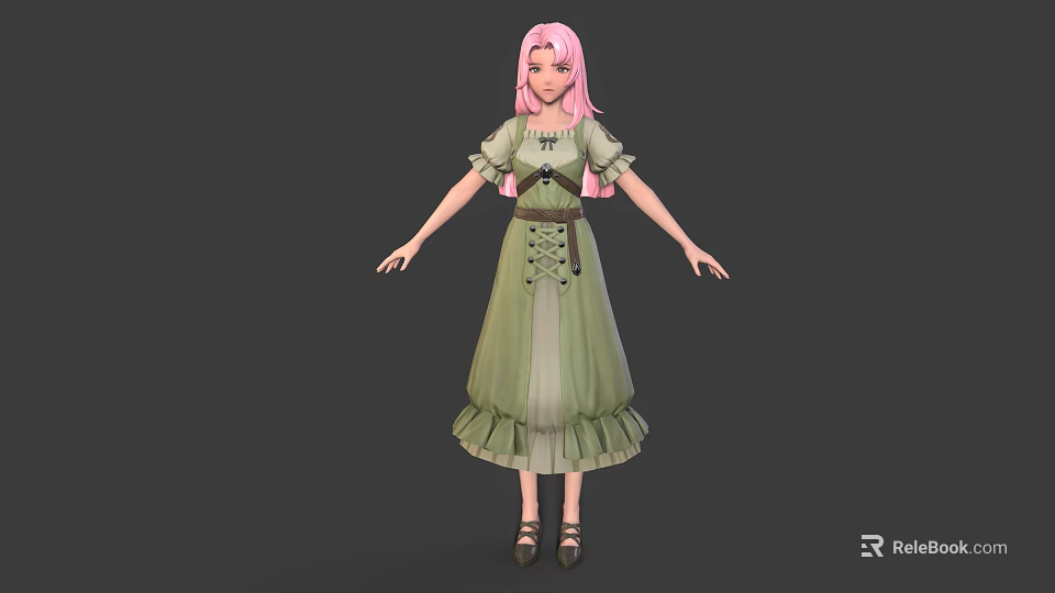 Female Character With Pink Hair And Green Dress Featuring Belt And Ruffled Skirt 3d model 