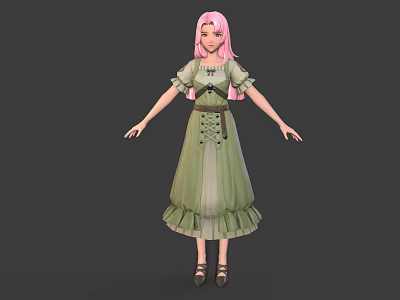 Female Character With Pink Hair And Green Dress Featuring Belt And Ruffled Skirt 3d model