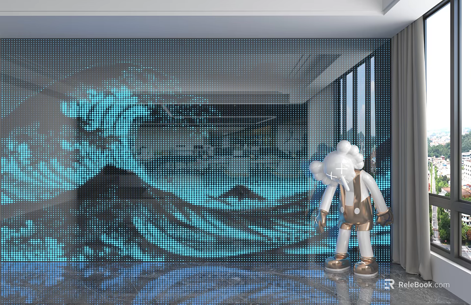 Modern Living Room Wall Paneling Design With Blue Wave Pattern And Decorative Sculpture 3d model 