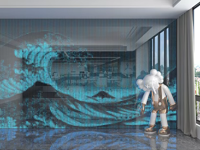 Modern Living Room Wall Paneling Design With Blue Wave Pattern And Decorative Sculpture 3d model