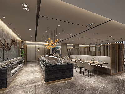 Modern Restaurant Interior Design With Marble Counter Dining Tables Chairs And Hanging Chandeliers Wooden Partition 3d model
