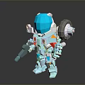Low Poly Block Style Robot Character With Blue Armor Red Yellow Accents And Weapon Arm