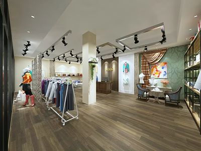 Modern Clothing Store Interior With Racked Clothes Shopper Decorative Paintings And Wooden Flooring 3d model