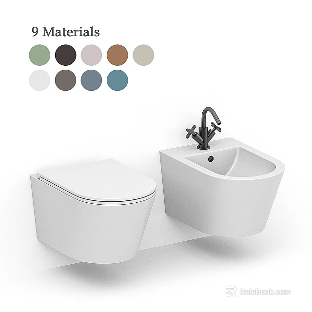 Modern White Toilet With Wall Mounted Bidet And Multiple Color Options 3d model 