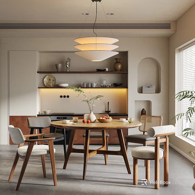 Warm Modern Dining Room Interior With Wooden Table Comfortable Chairs Pendant Lights And Green Plants 3d model 