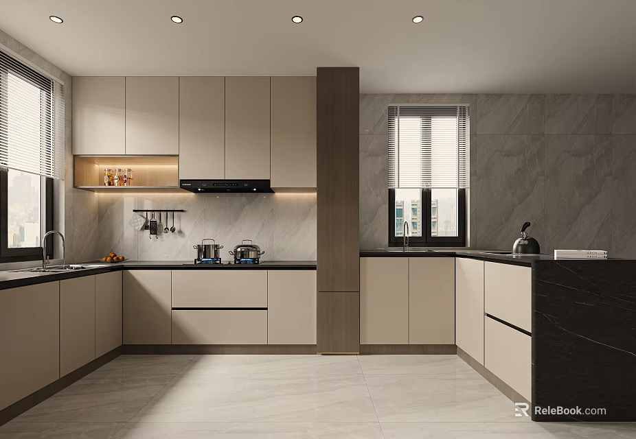 Modern Open Kitchen Interior Design With Cabinets Island Counter And Appliances 3d model 