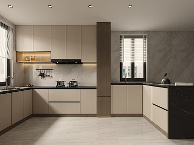 Modern Open Kitchen Interior Design With Cabinets Island Counter And Appliances 3d model