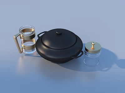 Stylish Tableware Set With Black Covered Pot Clear Glass Cup And Gold Lid Jar 3d model