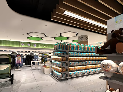 Supermarket Department Store with Shelves Full of Products Clothing Section Stroller and Plush Toys 3d model