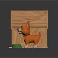 Cute Orange White Dog Standing Near Wooden Dog House With Green Bowl And Bone
