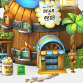 Colorful Charming Cartoon Scene Featuring Blue Bear-shaped Building Palm Trees Small Stalls and Umbrella Tables