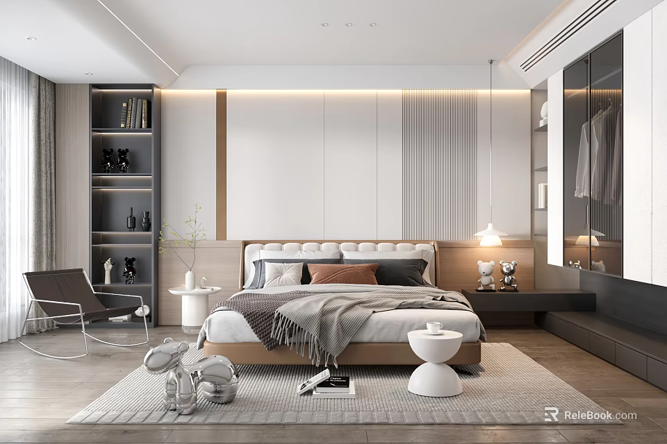 Modern Minimalist Bedroom Interior Design With Bed Pillows Blanket Area Rug And Wooden Bookshelf 3d model 