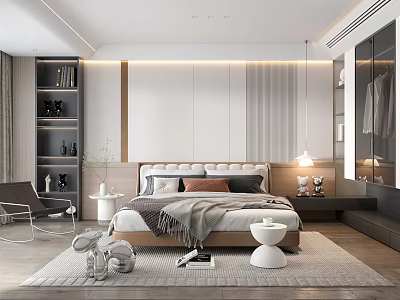 Modern Minimalist Bedroom Interior Design With Bed Pillows Blanket Area Rug And Wooden Bookshelf 3d model