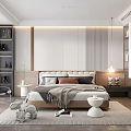 Modern Minimalist Bedroom Interior Design With Bed Pillows Blanket Area Rug And Wooden Bookshelf
