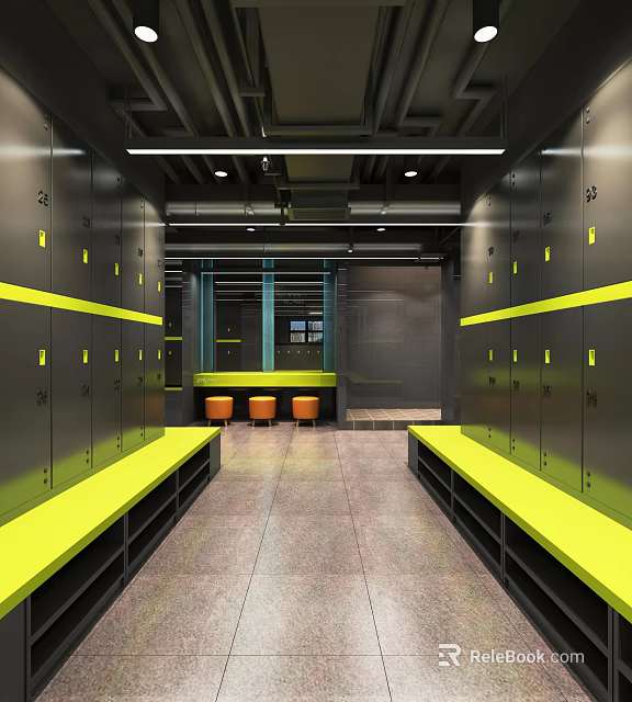 Modern SPA Sauna Locker Room With Black Lockers Yellow Accents And Orange Chairs 3d model 