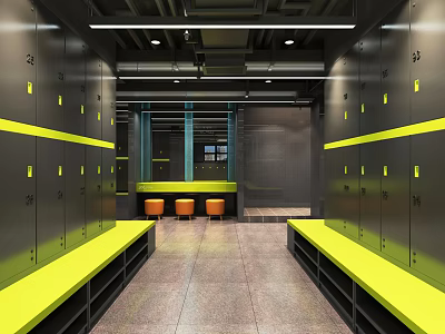 Modern SPA Sauna Locker Room With Black Lockers Yellow Accents And Orange Chairs 3d model