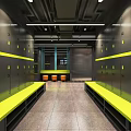 Modern SPA Sauna Locker Room With Black Lockers Yellow Accents And Orange Chairs