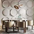 Modern Restaurant Interior With Circular Wall Decor Pendant Lights Dining Table And Chairs 3d model
