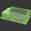 Cartoon Style Building Scene With Gray Roof White Walls And Colorful Storefronts