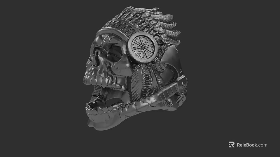 Metallic Skull Sculpture Carving With Feathered Headdress And Circular Ornament 3d model 