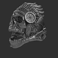 Metallic Skull Sculpture Carving With Feathered Headdress And Circular Ornament