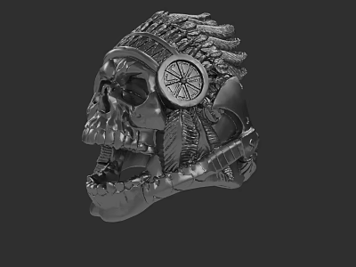 Metallic Skull Sculpture Carving With Feathered Headdress And Circular Ornament 3d model