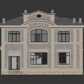 Elegant Two Story Villa Exterior With Gray Roof Beige Walls Dark Windows Black Door Steps
