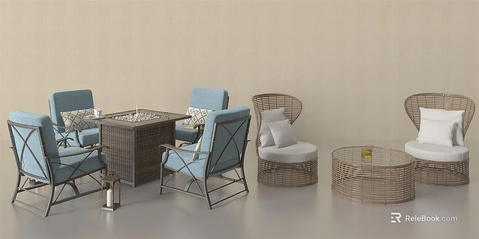 Blue Outdoor Sofa With Wicker Chairs Coffee Table And Decorative Pillows 3d model