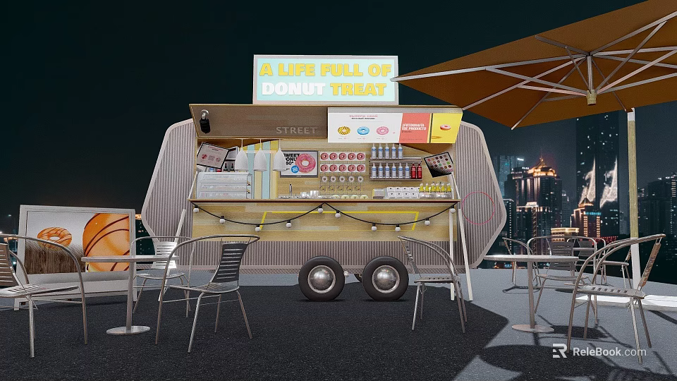 Modern Donut Food Truck With String Lights Display Window And Outdoor Seating 3d model 