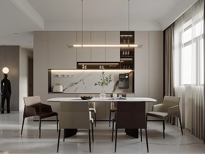 Modern Dining Room with Light Tone Cabinets Dining Table Chairs Pendant Lights and Marble Accent 3d model