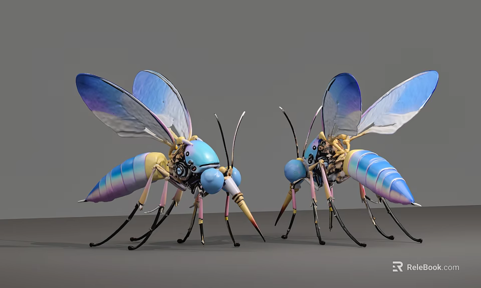 Smart Mechanical Mosquitoes With Transparent Wings Blue Purple Bodies And Mechanical Structure 3d model 