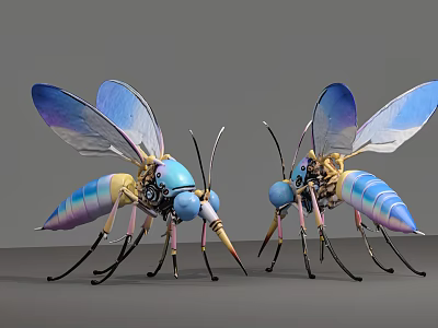 Smart Mechanical Mosquitoes With Transparent Wings Blue Purple Bodies And Mechanical Structure 3d model