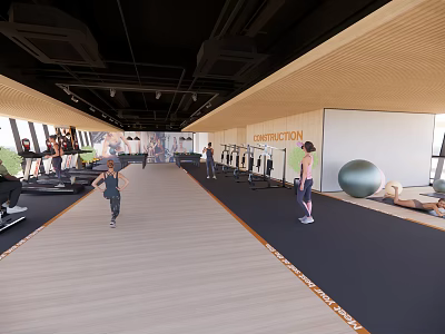 Spacious Gym Interior With People Exercising On Treadmills Using Fitness Ball And Equipment 3d model