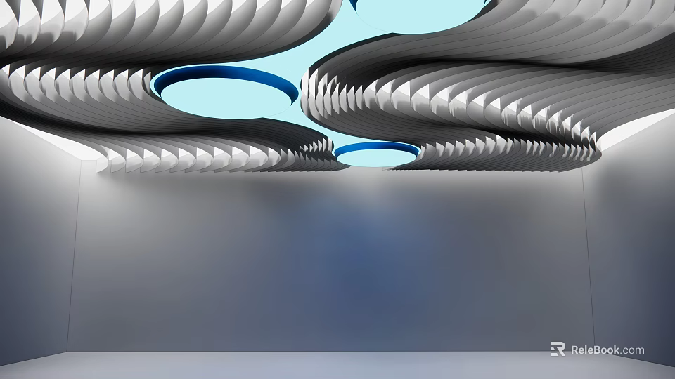 Sleek Modern Ceiling Design With Curved Patterns And Blue Circular Accents 3d model