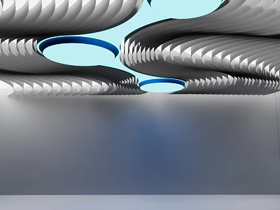 Sleek Modern Ceiling Design With Curved Patterns And Blue Circular Accents 3d model